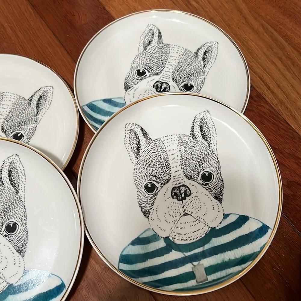 PIER 1 Book Club FRENCH BULLDOG Fine China Salad Plates Gold Trim Set/2